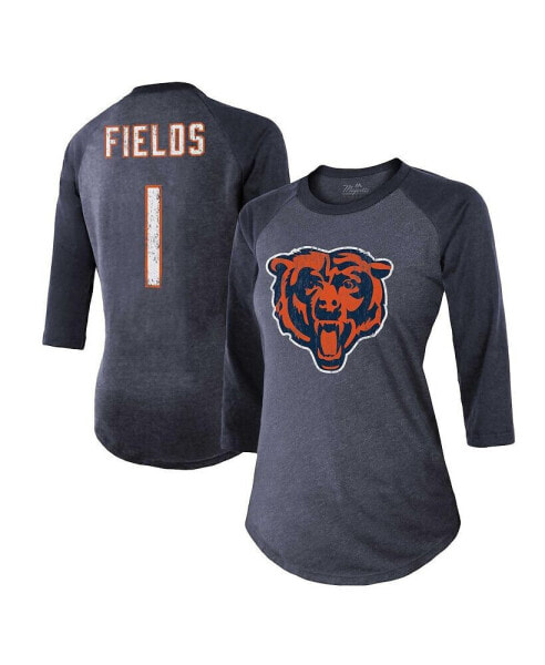 Women's Threads Justin Fields Navy Distressed Chicago Bears Player Name and Number Tri-Blend 3/4-Sleeve Fitted T-shirt