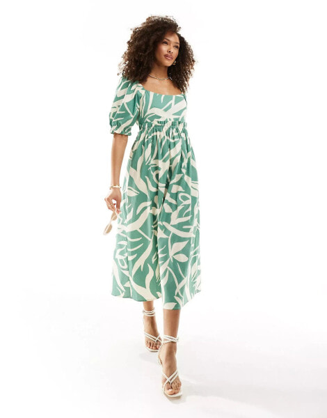 Nobody's Child Ginger puff sleeve midi dress in green abstract print