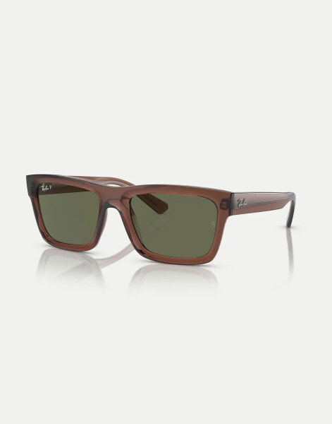 Ray-Ban warren rectangle polarised sunglasses in brown with green lens in transparent brown