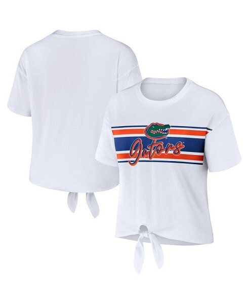Women's White Florida Gators Striped Front Knot Cropped T-shirt