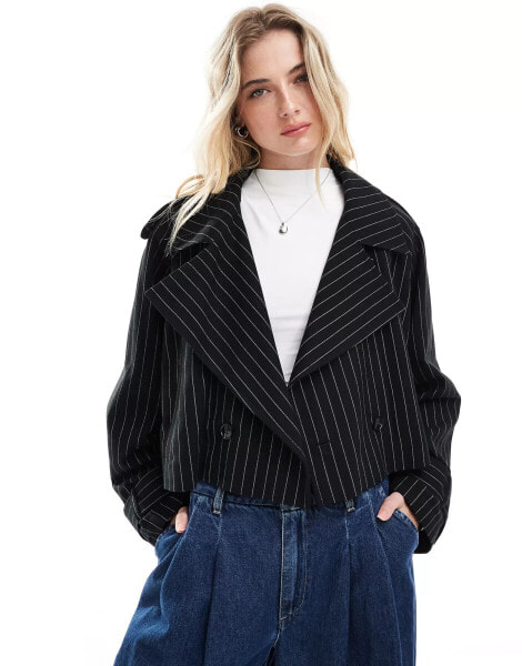 ASOS DESIGN cropped trench coat in black pinstripe