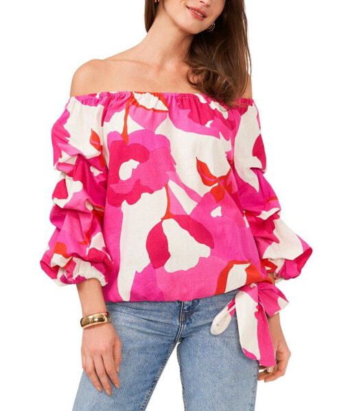 Women's Printed Off The Shoulder Bubble Sleeve Tie Front Blouse