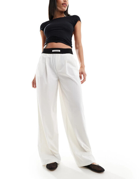 Bershka deep waistband wide leg trousers in light grey