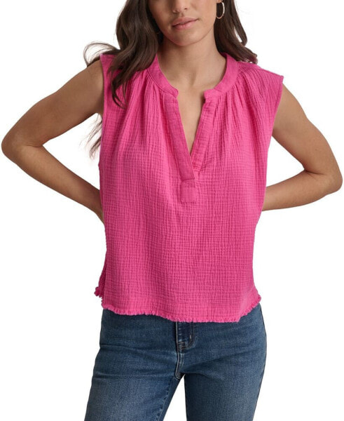 Women's Sleeveless Double-Crepe Gauze Crop Top