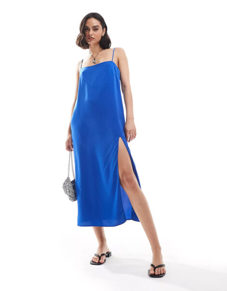 Mango split front cami midi dress in blue