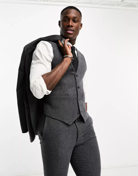 ASOS DESIGN super skinny wool mix suit waistcoat in herringbone in charcoal