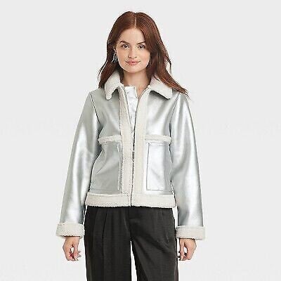 Women's Metallic Shearling Moto Jacket - A New Day Silver XL