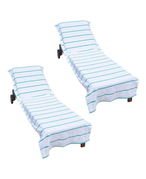 Chaise Lounge Cover (Pack of 2, 30x85 in.), Cotton Terry Towel with Pocket to Fit Outdoor Pool or Lounge Chair, White with Colored Stripes