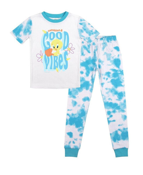 Little Girls Tweety Bird Sunshine and Good Vibes Youth Short Sleeve Cloud Wash Pajama Set