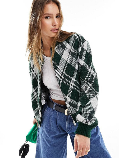 Mango tartan zip front knitted jacket in green