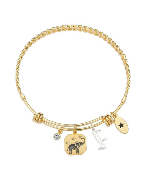 14K Gold Two Tone Flash-Plated Brass Cubic Zirconia Lucky Elephant Charms on A Link Design Bangle Bracelet