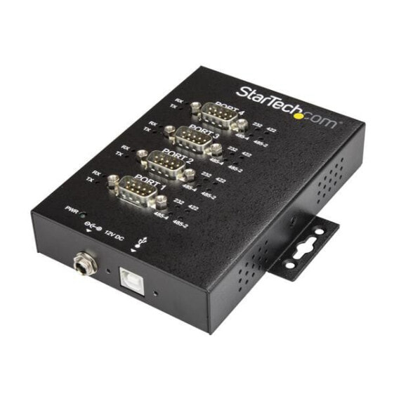StarTech.com 4 Port Serial Hub USB to RS232/RS485/RS422 Adapter - Industrial USB 2.0 to DB9 Serial Converter Hub - IP30 Rated - Din Rail Mountable Metal Serial Hub - 15kV ESD Protection - USB 2.0 Type-B - Serial - Black - Steel - Power - CE - FCC - TAA - RoHS