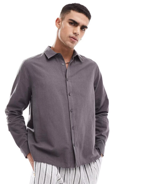 ASOS DESIGN linen mix boxy shirt in charcoal