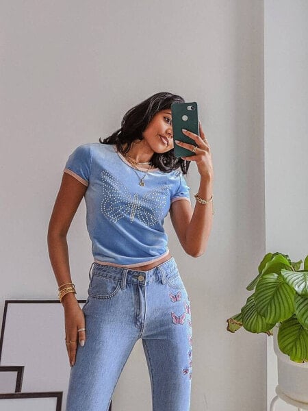 Labelrail x Pose and Repeat baby ringer tee with diamante butterfly in blue velvet