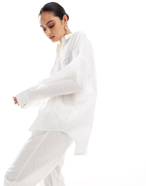 Pull&Bear oversized broderie detail shirt co-ord in white