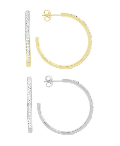 High Polished Clear Crystal Duo C Hoop Earring Pair, Gold Plate and Silver Plate