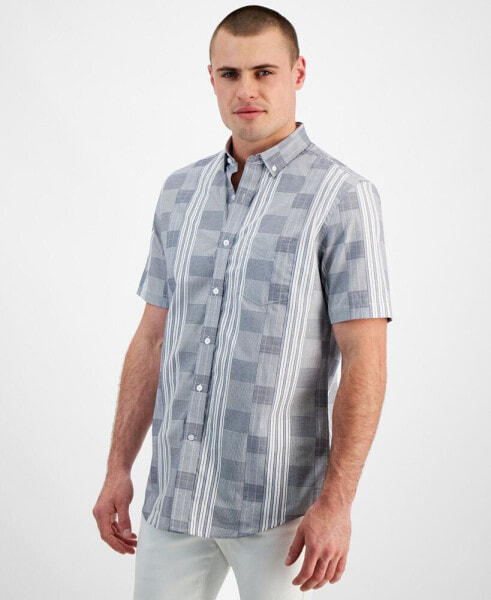 Men's Regular-Fit Stretch Pattern-Blocked Button-Down Poplin Shirt, Created for Macy's