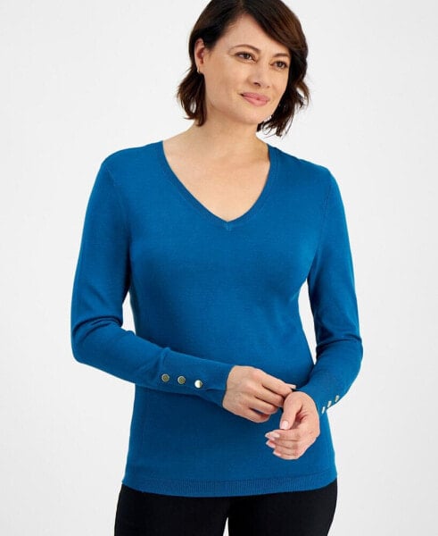 Petite Rivet-Detail V-Neck Sweater, Created for Macy's