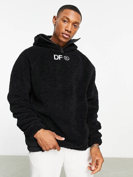 ASOS Dark Future oversized hoodie in teddy borg with balaclava and logo embroidery in black