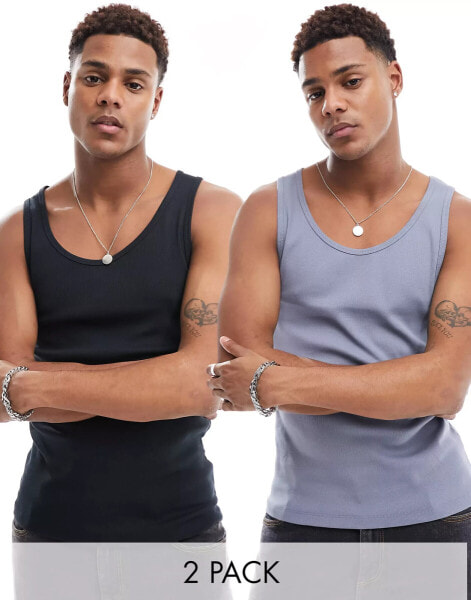 ASOS DESIGN 2 pack muscle fit rib vest in grey and black