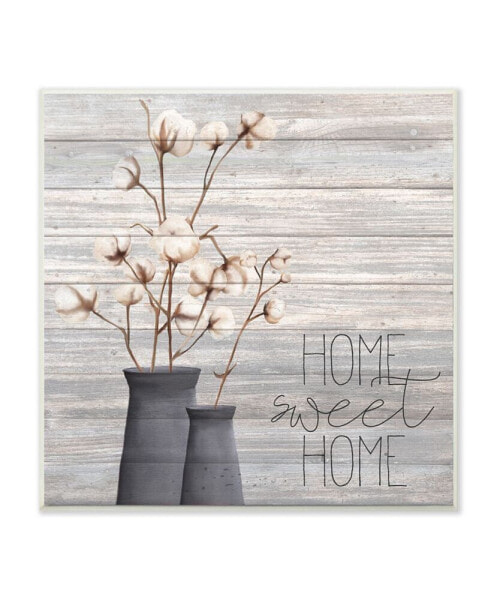 Gray Home Sweet Home Cotton Flowers in Vase Wall Plaque Art, 12" L x 12" H