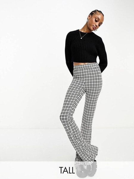 Noisy May Tall flared trousers in black houndstooth