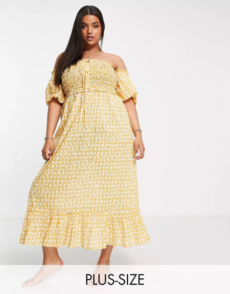 River Island Plus shirred bardot midi beach dress in yellow