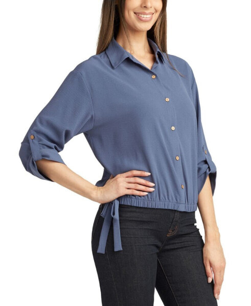 Juniors' Airflow Button-Front Roll-Tab-Sleeve Top