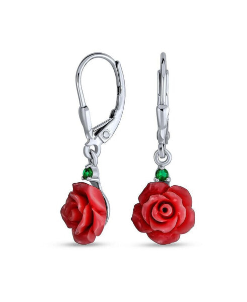 Delicate Floral Blooming 3D Red Rose Flower Green CZ Accent Lever back Dangle Earrings For Women Sterling Silver