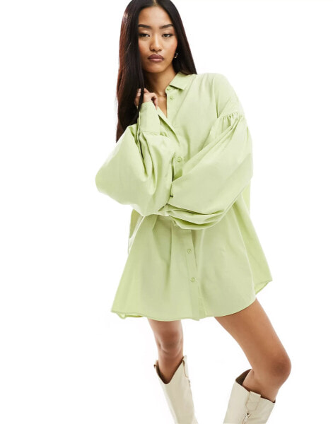 ASOS DESIGN boyfriend shirt mini dress with blouson sleeve in green