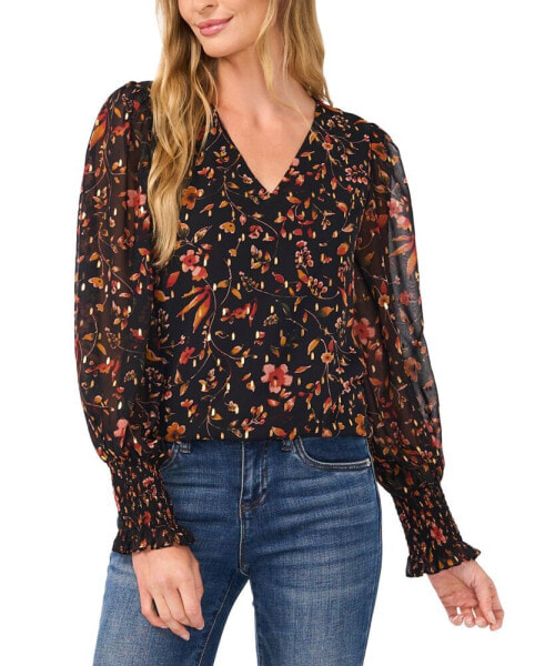 Women's Floral Print Foil Dot Blouson-Sleeve Blouse