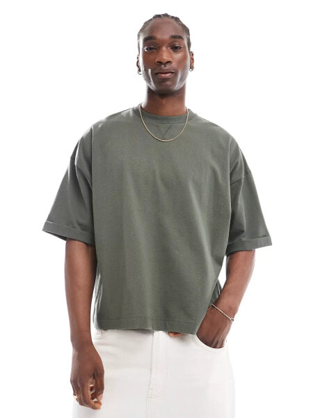 ASOS DESIGN heavyweight extreme oversized rolled sleeve t-shirt 240gsm in khaki