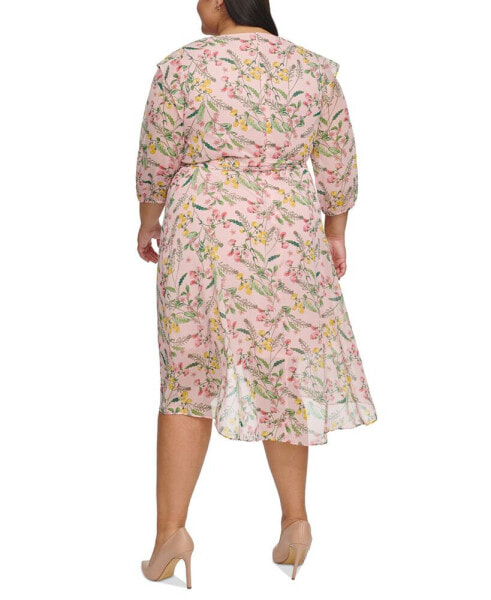 Plus Size Floral Chiffon 3/4-Sleeve Midi Dress