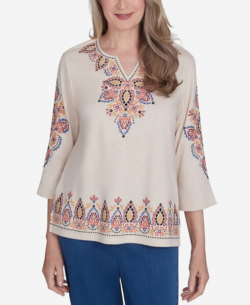 Harvest Moon Women's Medallion Embroidered Flutter Sleeve Top