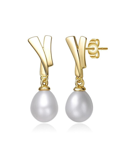 Sterling Silver 14k Yellow Gold Plated with White Freshwater Pearl XOXO Hugs & Kisses Dangle Drop Earrings