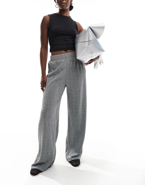 Vila glitter wide leg trousers in silver