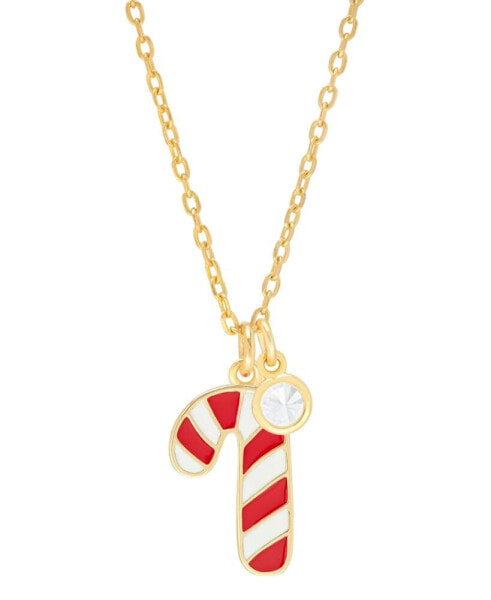 Lab-grown White Sapphire (5/8 ct. t.w.) & Enamel Candy Cane & Bezel Drop Pendant Necklace in 14k Gold-Plated Sterling Silver, 16" + 2" extender