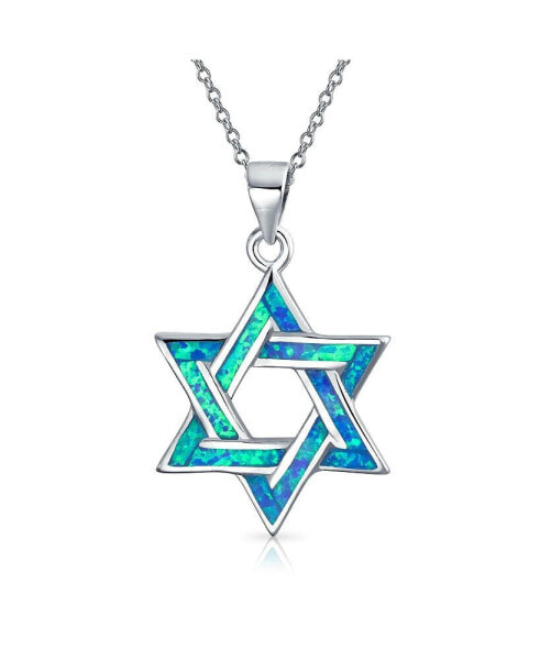 Bling Jewelry hanukkah Magen Judaic Blue Created Opal Inlay Star Of David Pendant Necklace For Bat Mitzvah For Women s .925 Sterling Silver