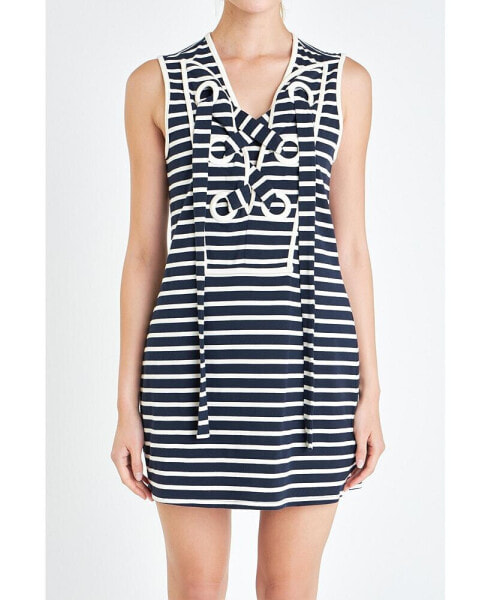 Women's Striped Knit Lace Up Dress