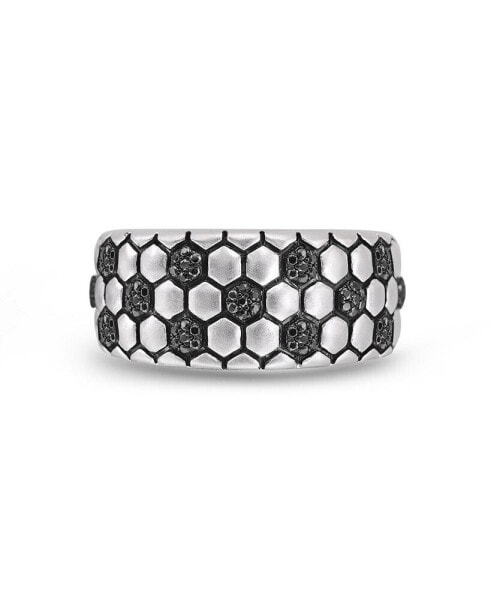 Soccer Football Design Sterling Silver Black Diamond Band Men Ring