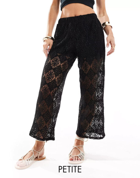 JDY Petite crochet wide leg trouser with short inscert in black