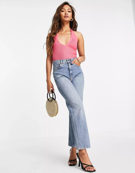 Glamorous halter neck crop top in pink rib co-ord