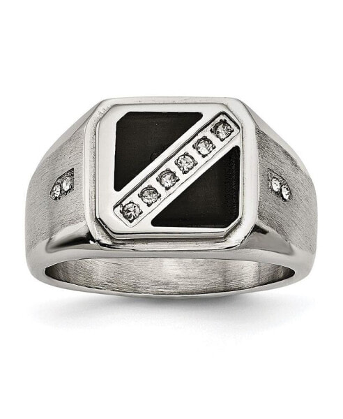 Stainless Steel Brushed and Polished with Black Enamel CZ Ring