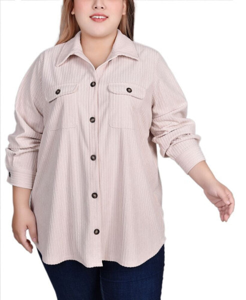 Plus Size Long Sleeve Corduroy Shirt Jacket