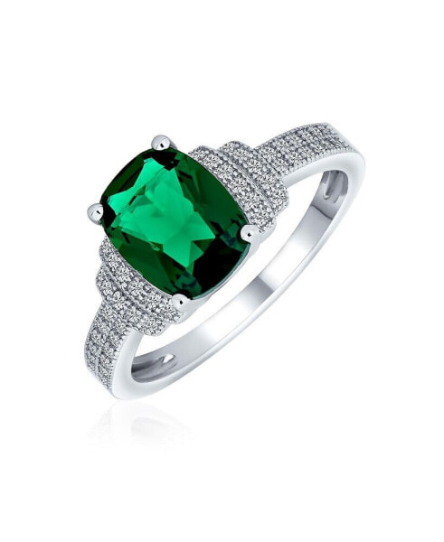 Art Deco Style 5CT Cubic Zirconia CZ Cocktail Pave Rectangle Green Simulated Emerald Cut Statement Engagement Ring For Women .925 Sterling Silver