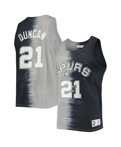 Men's Tim Duncan Black and Gray San Antonio Spurs Hardwood Classics Tie-Dye Name and Number Tank Top