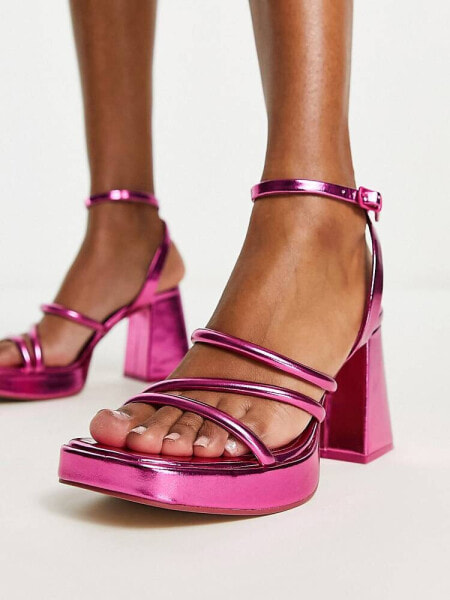 Stradivarius multi strap block heel sandal in metallic pink