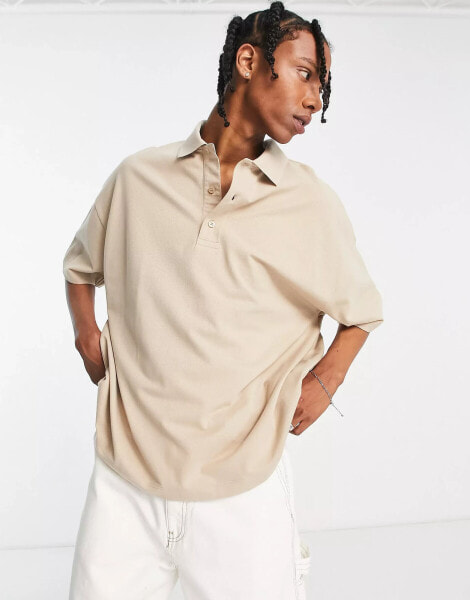 Topman extreme oversized pique polo in stone