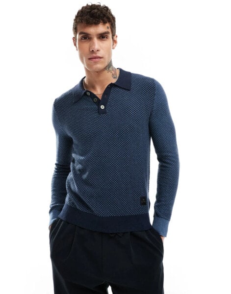 PS Paul Smith long sleeve knit polo with logo in blue