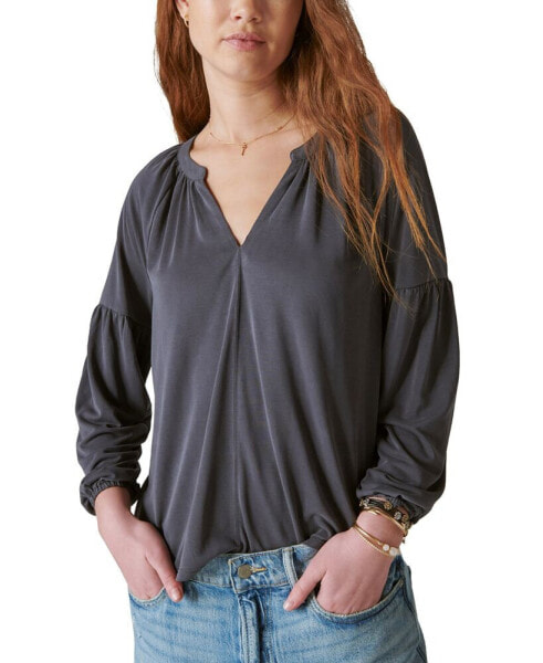Women's Long-Sleeve Notched-Neck Top